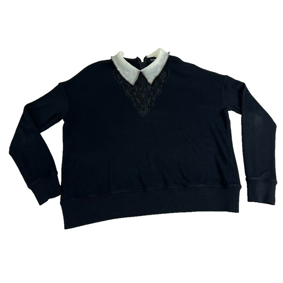 The Kooples Sweater Womens 2 Black Cream Beaded Collar Lace Detail - Picture 2 of 9